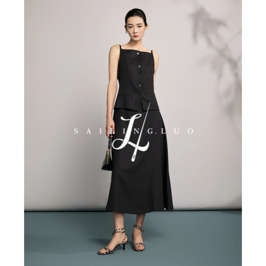 SailingLUO/25夏新款通勤天丝亚麻透气假两件长裙简约吊带连衣裙