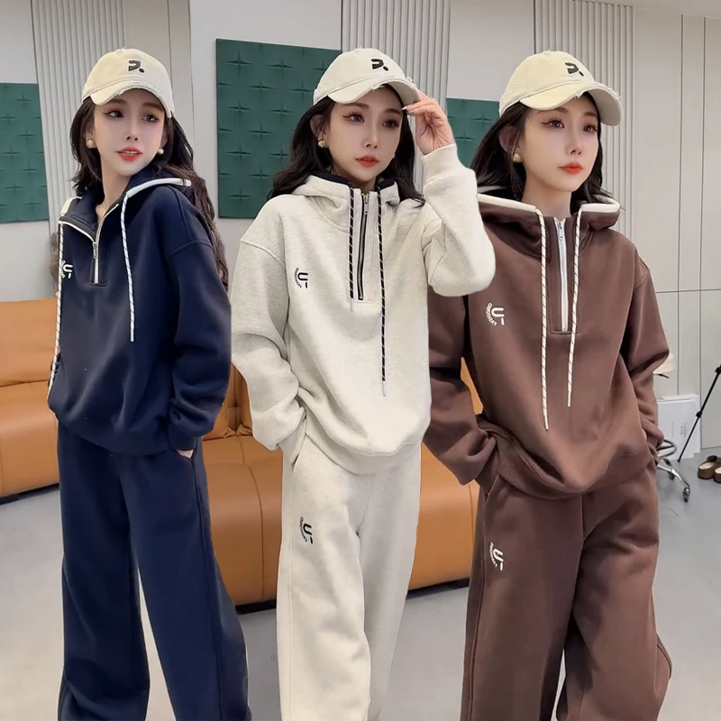 2025秋冬加绒休闲运动套装68152时尚洋气减龄宽松连帽显瘦二件套-