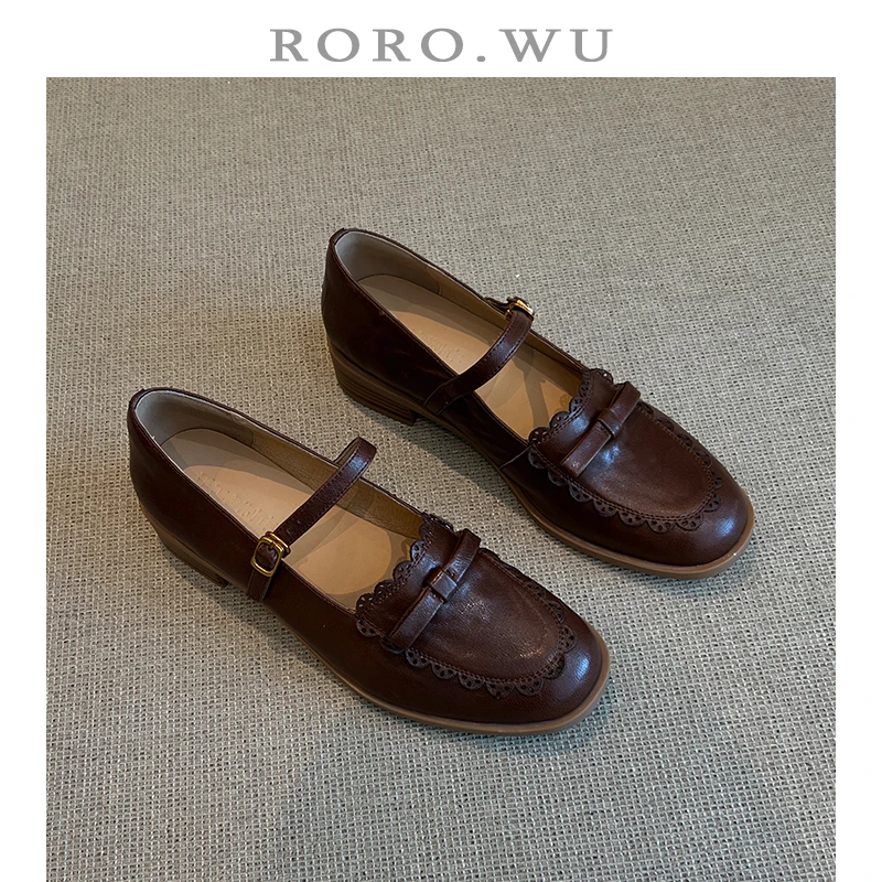 娆娆吴·头层手抓羊皮简约法式复古一字扣百搭蝴蝶结单鞋A55