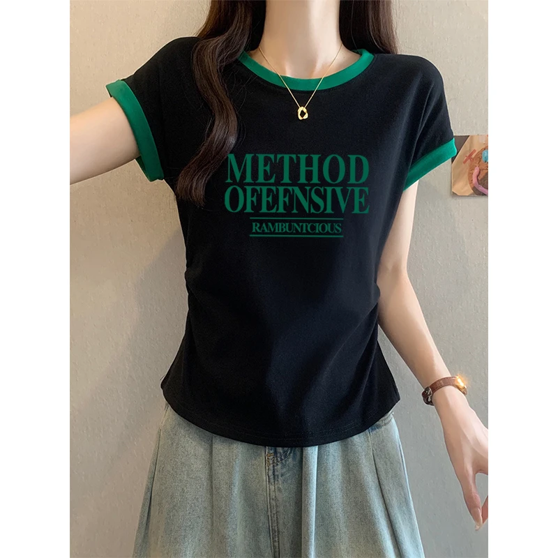 2025年新款拼色小飞袖正肩短袖t恤女下摆不规则修身显瘦上衣夏季