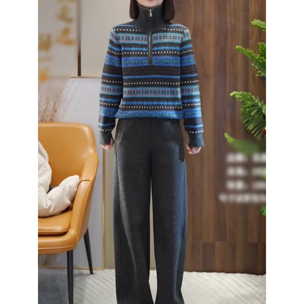 时尚休闲风裤套装女2026春季新款韩系保暖高领针织衫+纯色直筒裤