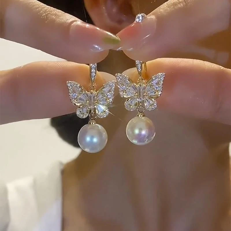 OLOIU 合金锆石耳饰 轻奢高级感满钻蝴蝶珍珠耳环2025新款爆款