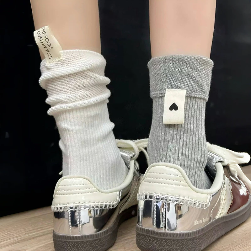 【2双】灰色袜子布标爱心中筒袜女秋款
