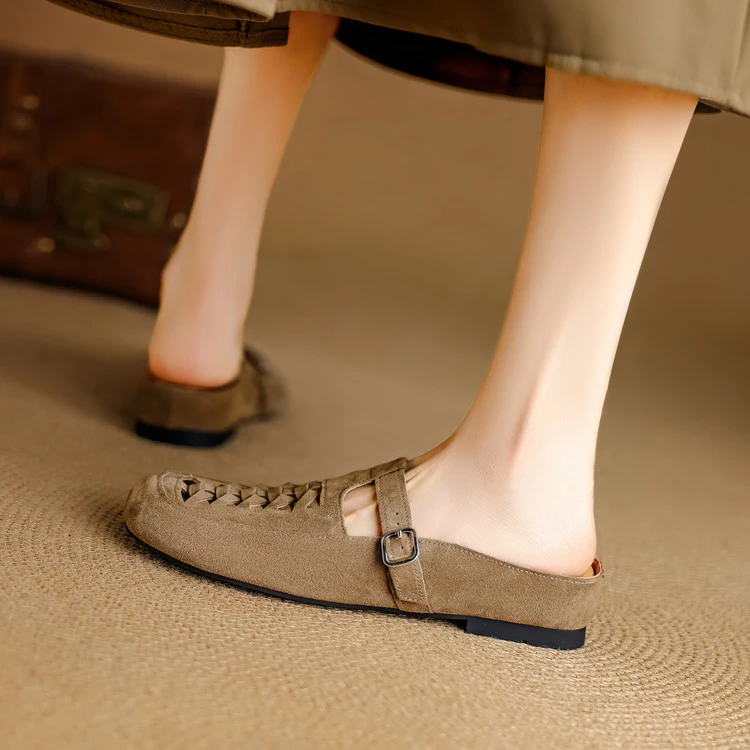 1cm 新款内增高编织风镂空包头拖百搭低跟方头复古春夏法式凉拖鞋