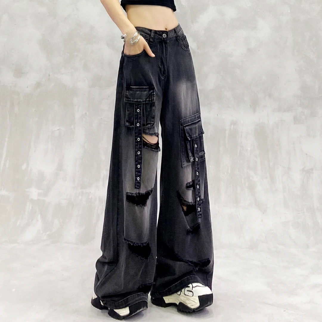 破洞薄款休闲牛仔工装裤女夏新款高腰宽松显瘦百搭直筒阔腿裤