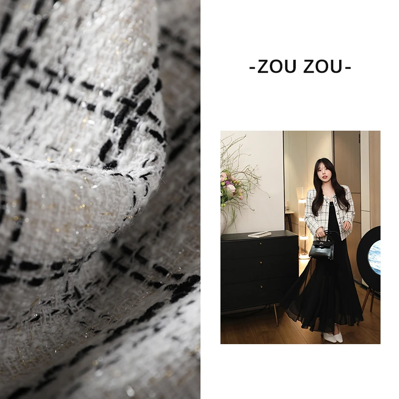 邹邹小个子新品 设计感圆领格子西装女春季长袖显瘦百搭小香外套