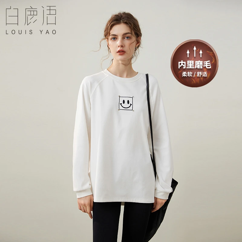 【女装优选】白鹿语磨毛加厚休闲t恤圆领刺绣长袖微弹T恤女BX10147