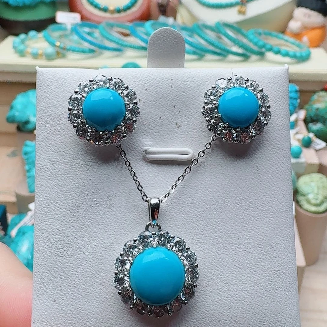 绿松石银S925镶嵌高瓷蓝耳钉戒指套装