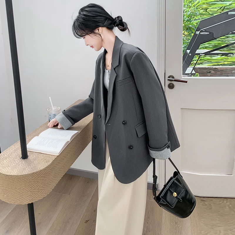 灰色韩版复古休闲西装外套女2025春季新款时尚设计感气质西服上衣