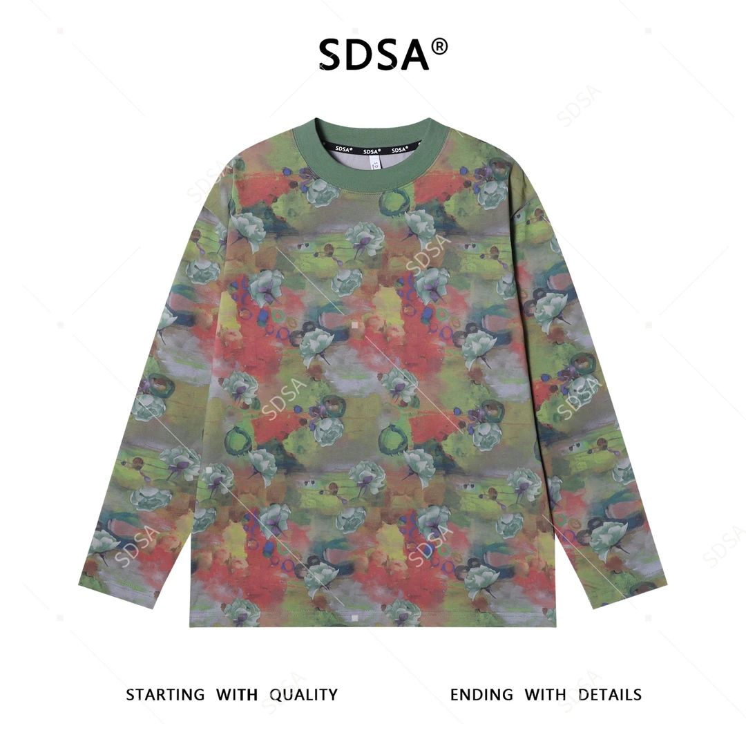 SDSA男士秋冬新款痞帅男装时尚撞色花朵圆领长袖T恤扎染百搭上衣