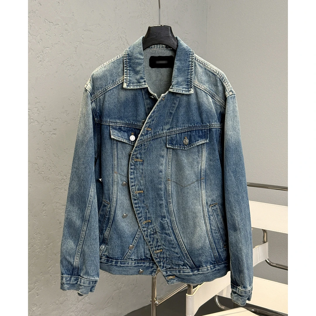 25C斜扣不规则复古设计感长袖水洗牛仔夹克外套 AL89828