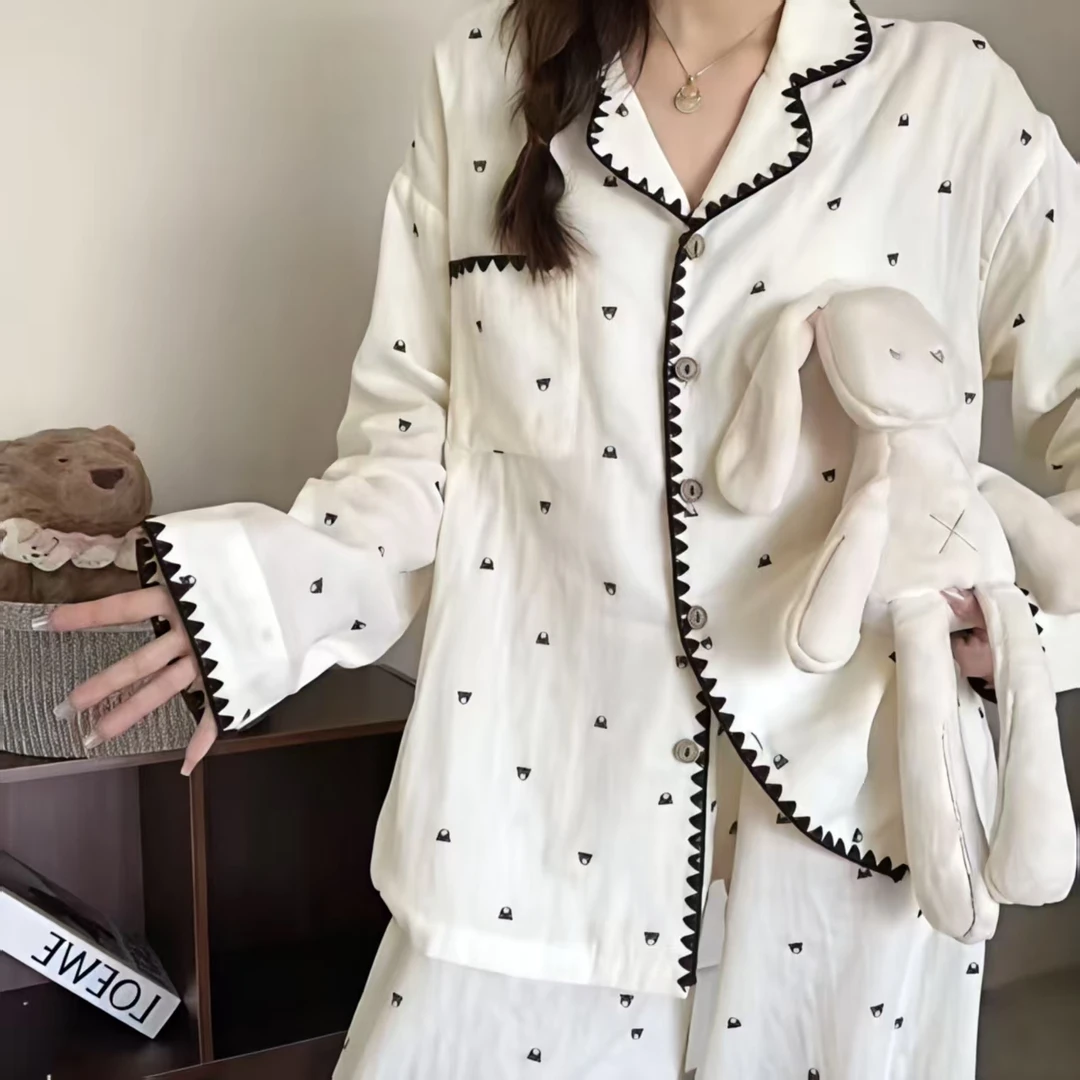 韩系ins简约印花小熊刺绣包边睡衣女秋季长袖可外穿家居服套装