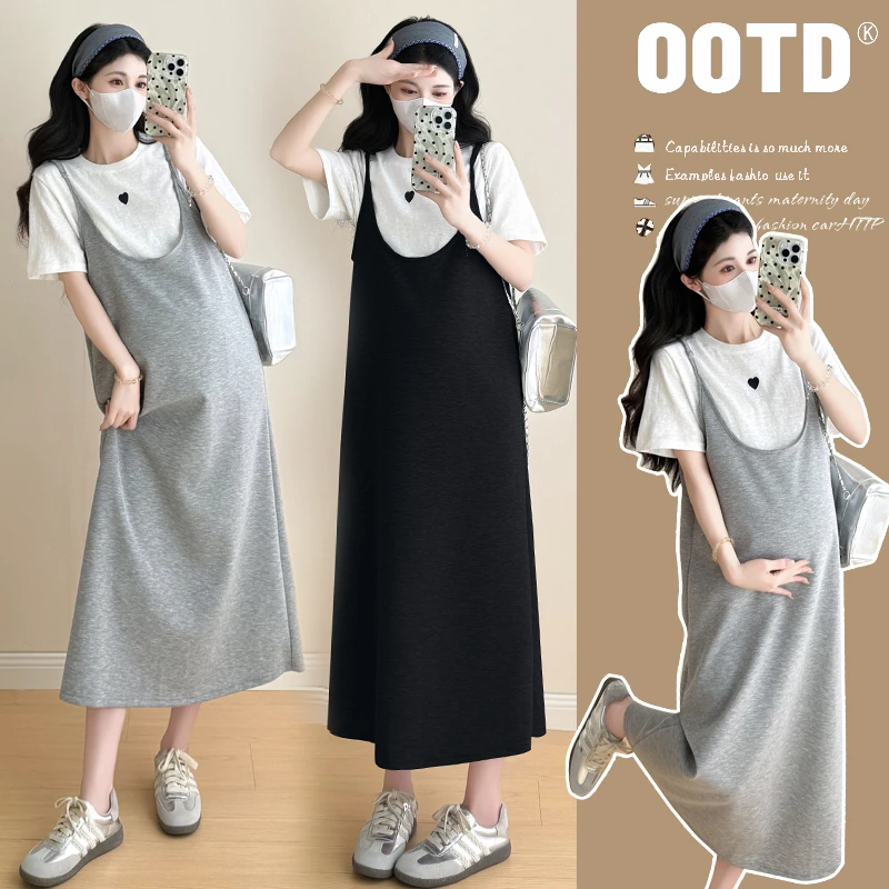 2025孕妇夏装新款韩版宽松吊带裙+短袖上衣两件套显瘦连衣裙套装