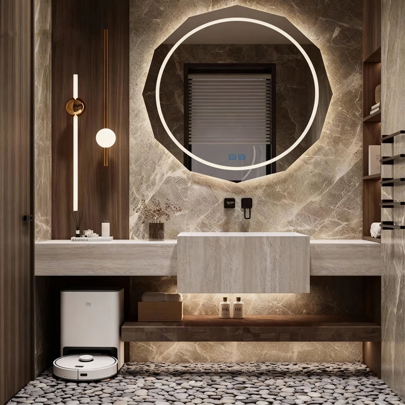 现代简约岩板热弯浴室柜卫生间洗漱台搭配扫地机器人一体组合定制
