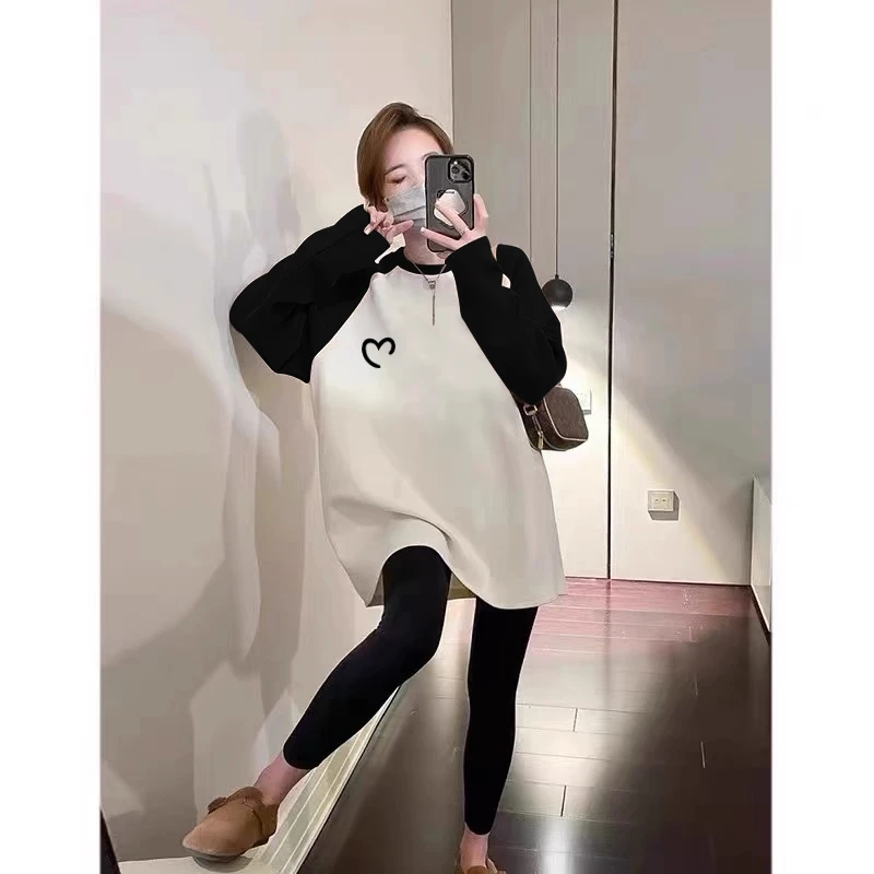 德绒磨毛保暖中长款遮屁股插肩拼接撞色长袖t恤女宽松打底衫秋冬