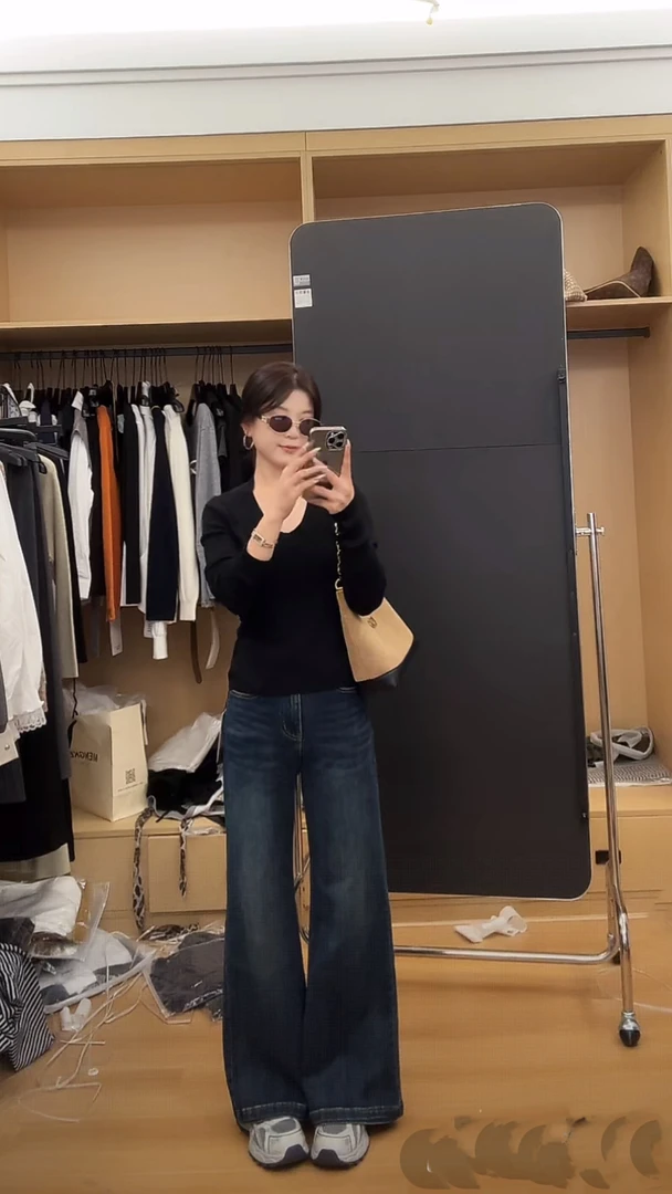 【Meng Ke】秋季百搭高腰微喇牛仔阔腿长裤显瘦显腿长气质女神必备