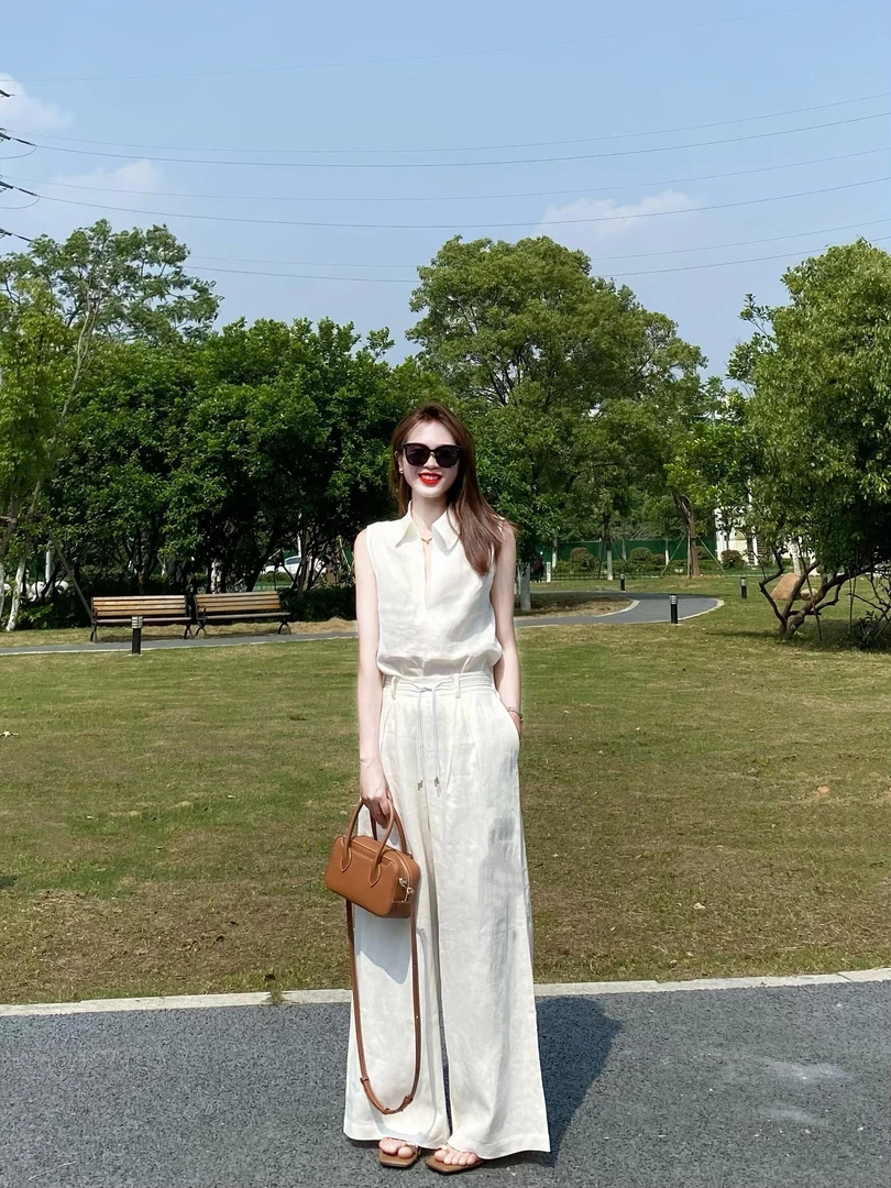 高级感翻领无袖背心阔腿裤两件套女2025夏季宽松显瘦休闲薄款套装