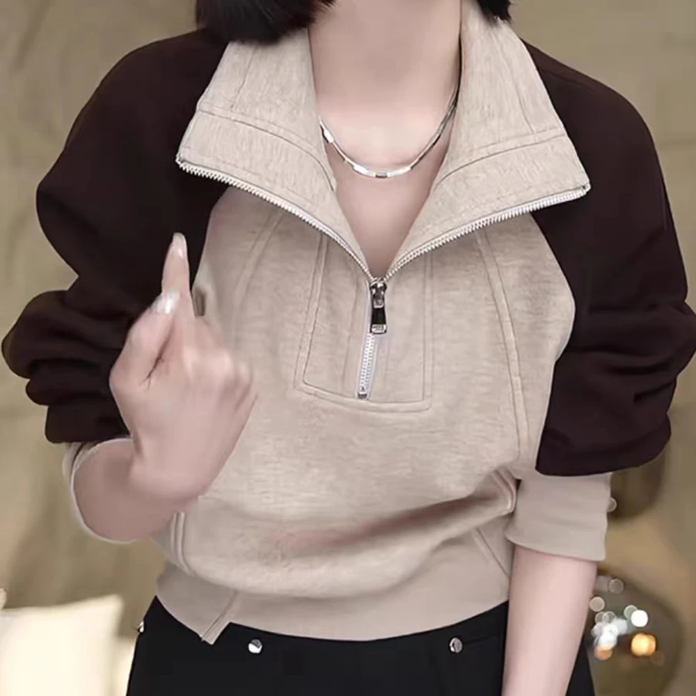 冬季新款高级感半拉链套头宽松显瘦拼色时尚插肩袖卫衣长袖上衣女