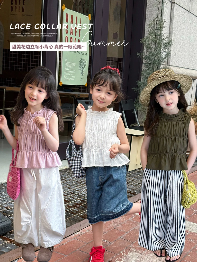 【现货】女童度假风甜美立领花边领背心夏季韩版无袖T恤 25D060