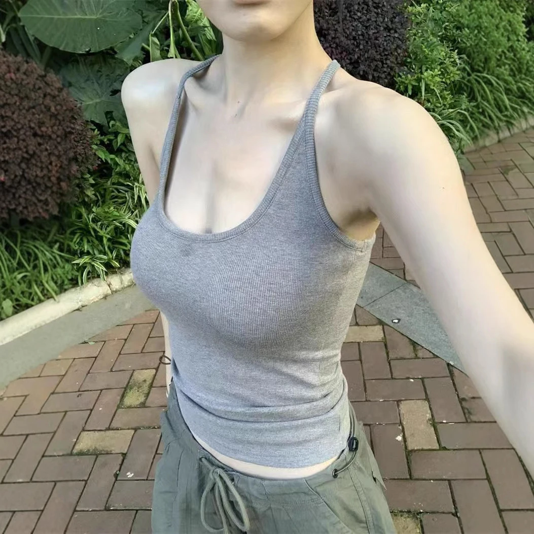 挂脖遮副乳带胸垫吊带背心女2025夏外穿内搭打底修身收腰美背