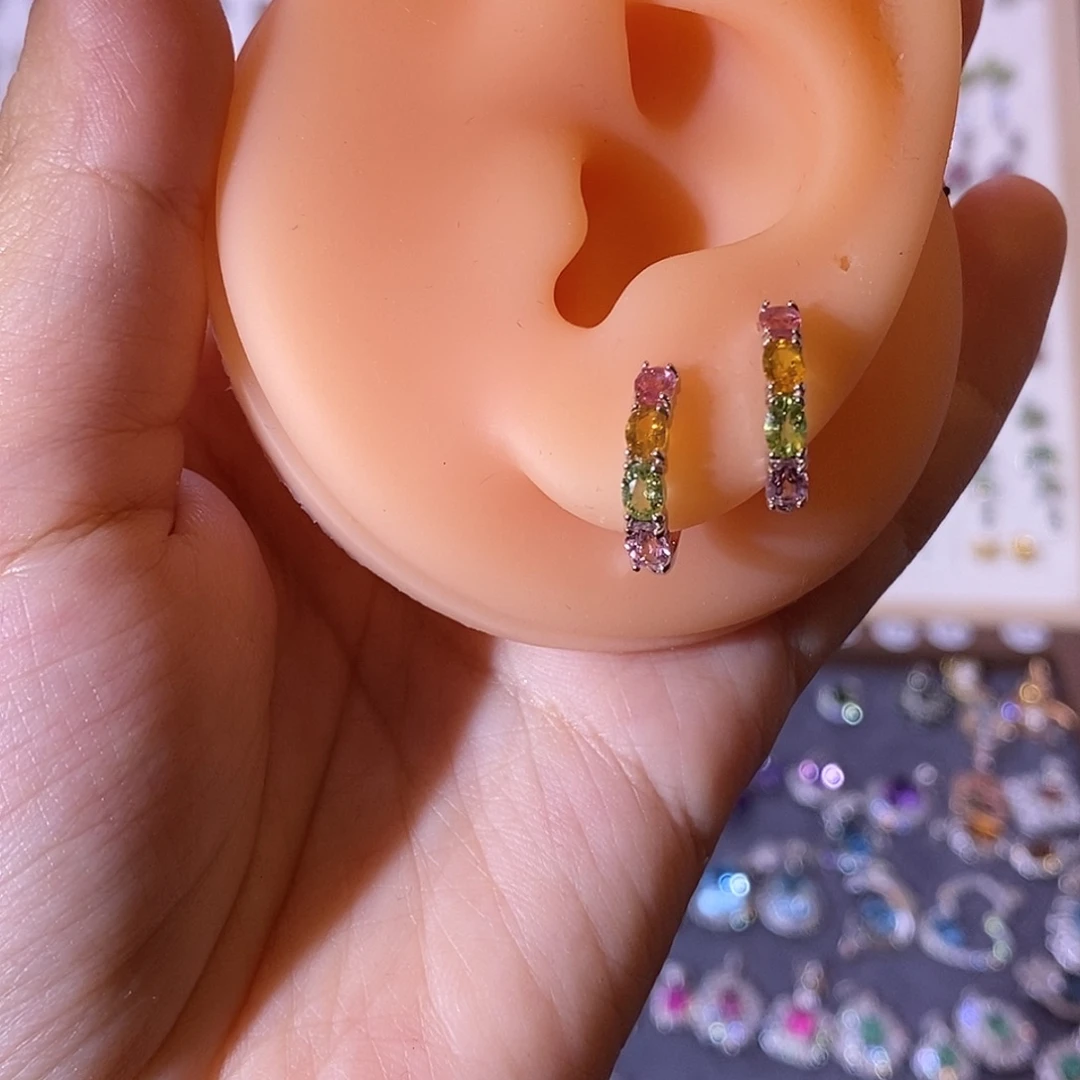 ****o银S925镶嵌碧玺猫眼耳饰