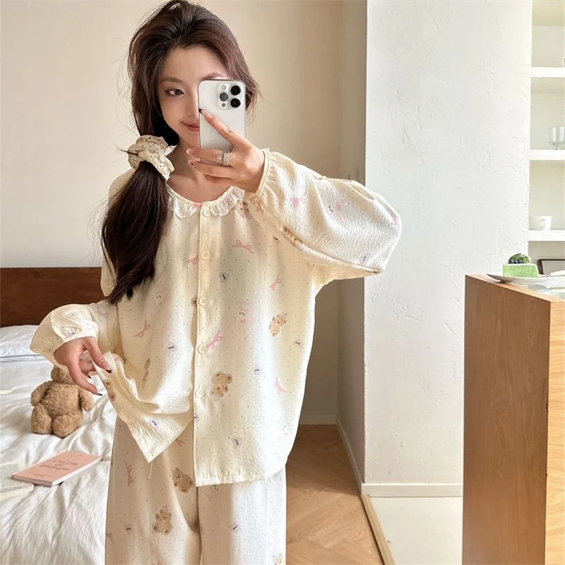 软绵纱长袖睡衣女套装春秋季宽松娃娃领休闲高颜值云朵棉家居服