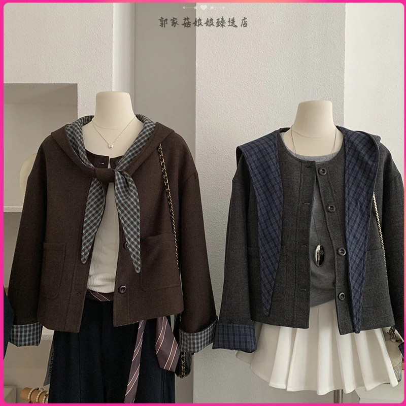 格纹可脱卸连帽毛呢外套女秋季新款高级感长袖上衣潮秋冬洋气时尚