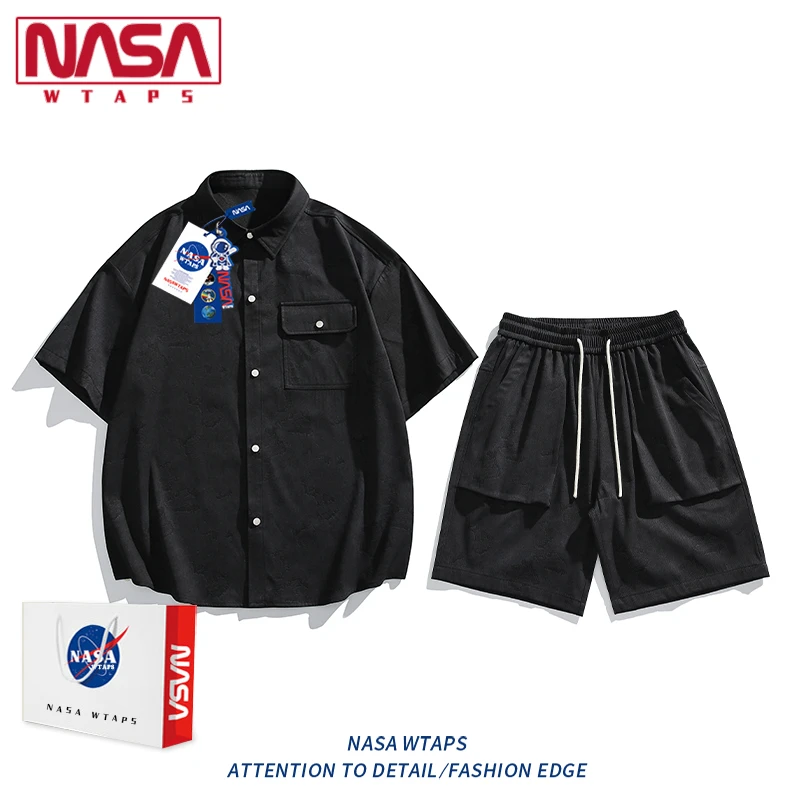 NASA WTAPS翻领短袖衬衫套装男士夏季新款宽松扎染衬衣短裤两件套