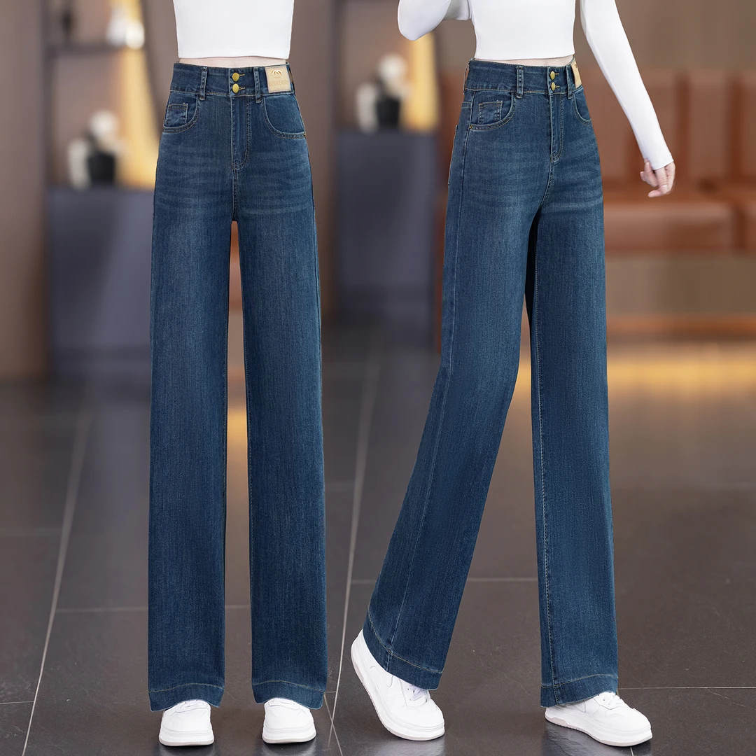 小个子加绒直筒牛仔裤女2025年新款冬季高腰显瘦加厚窄版阔腿裤子