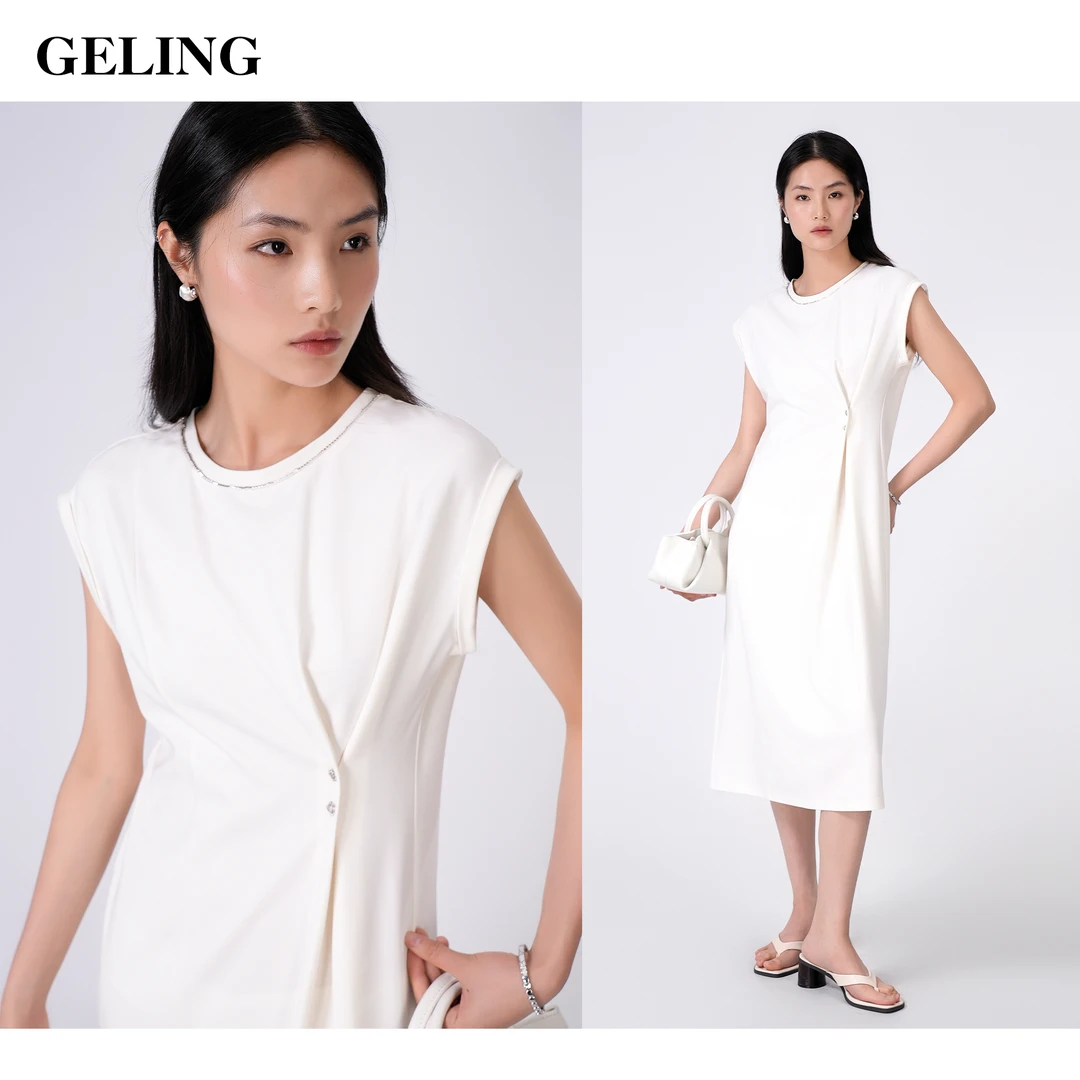 GELING/歌&玲2025新款春夏飞飞袖领口钻链连衣裙长款G512W69L