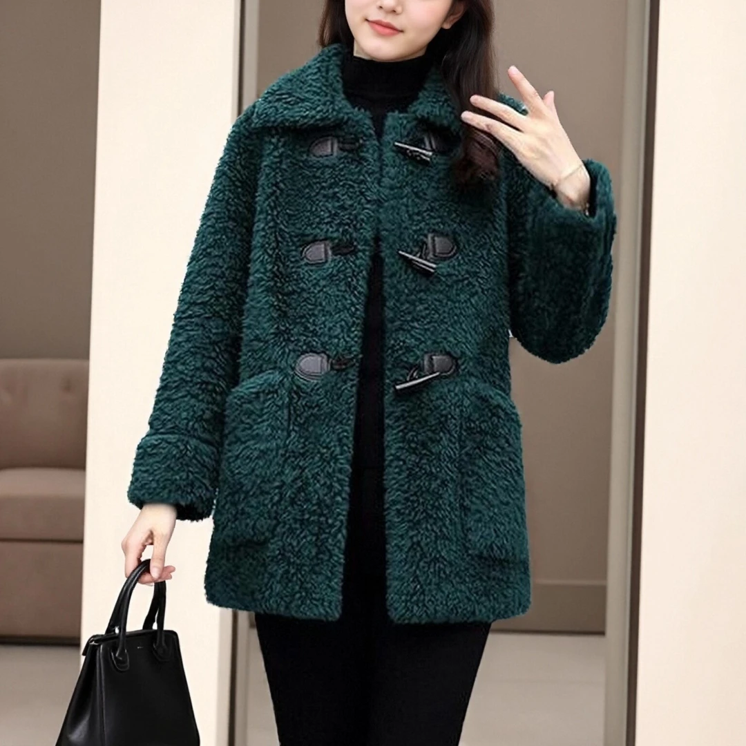 新款妈妈仿羊羔毛羊角扣外套新款冬时髦时尚宽松休闲短外套女上衣