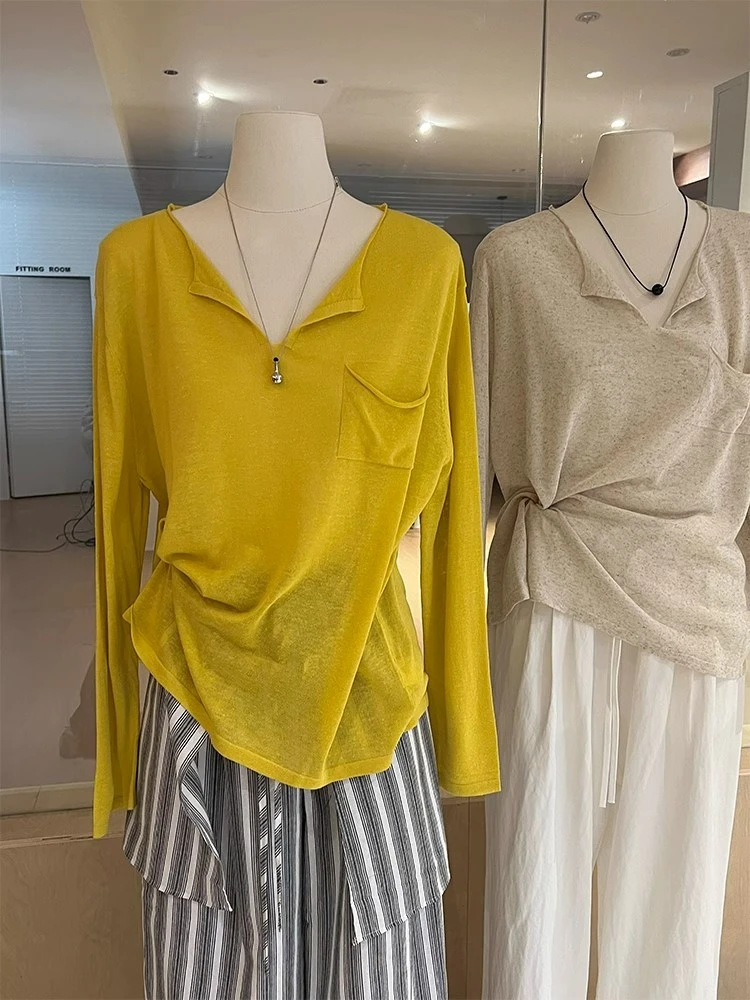 薄款针织衫上衣女高级感冰丝长袖v领 气质显瘦宽松慵懒风空调罩衫