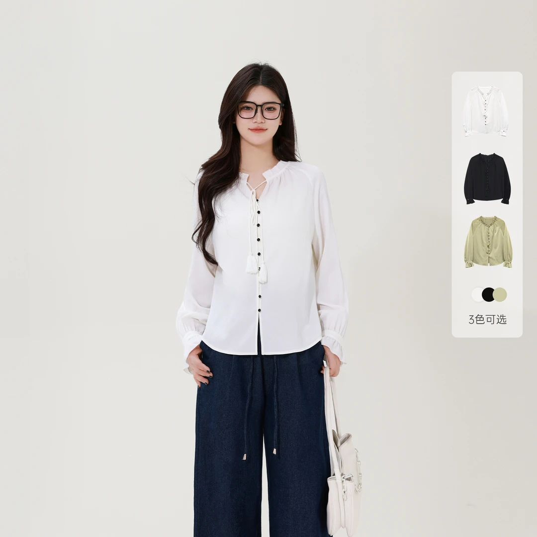 【夜莺来信】蛋妹观与大码女装微胖mm秋季V领衬衫显瘦上衣DM30965