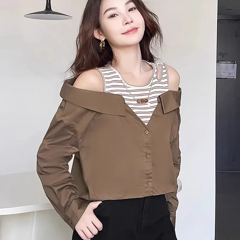 拼接不起球假两件成人衬衣休闲条纹显瘦衬衫气质长袖上衣法式秋季