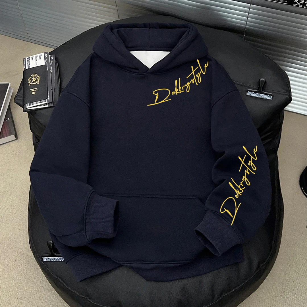 美式炸街字母图案印花秋冬藏青色痞帅卫衣男女连帽套头休闲上衣潮