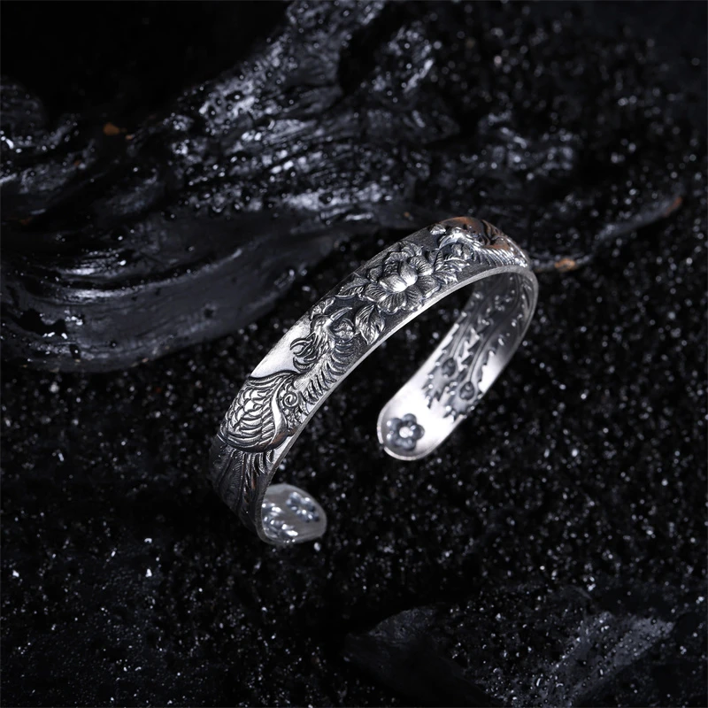 足银手镯 S925银朝阳丹凤老银手工手镯/多样性发其一