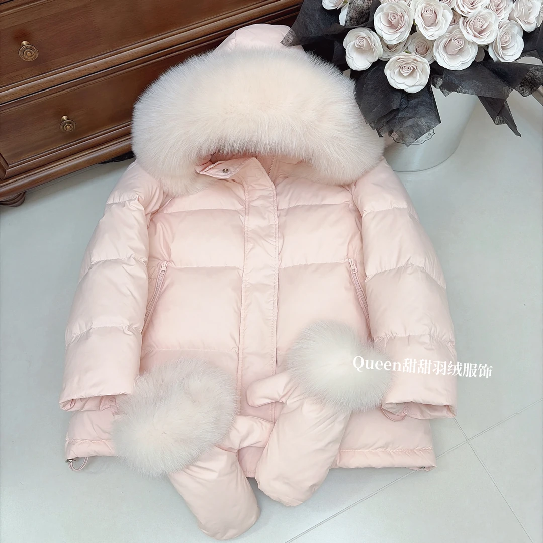 【小雪人】暖手套可拆新国标90绒子真狐狸毛领加厚羽绒服收腰可直筒