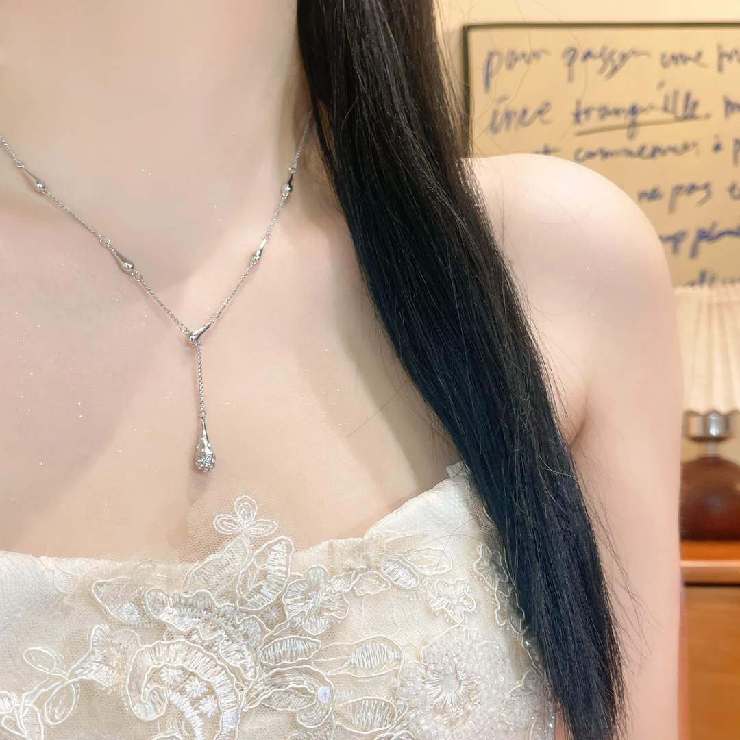 铜合金项链 2025爆款可抽拉中古小蛮腰项链微镶锆石水滴吊坠锁骨