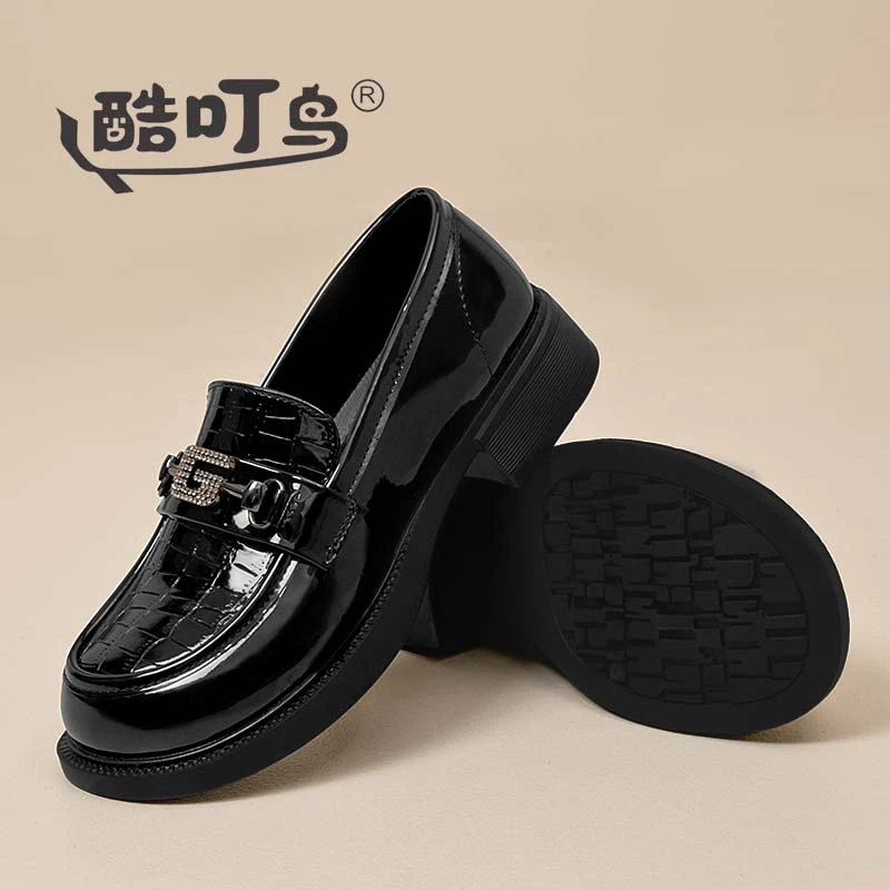 酷叮鸟水钻小皮鞋英伦风方跟百搭单鞋女2025新款夏透气时尚乐福鞋