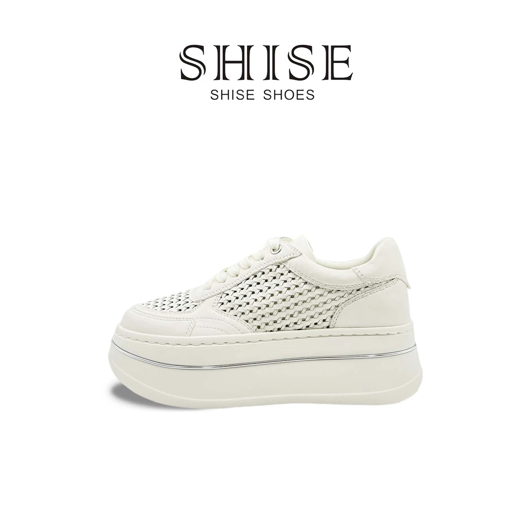 shise【独家设计】厚底真皮编织增高夏季百搭纯色时尚系带薄款潮流