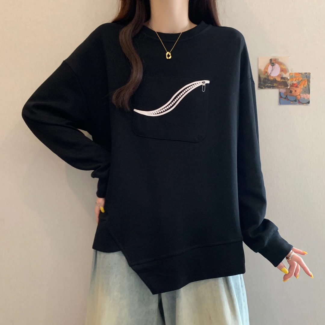 大码女装遮肚子不规则拼接长袖卫衣女春秋胖妹妹宽松显瘦正肩上衣