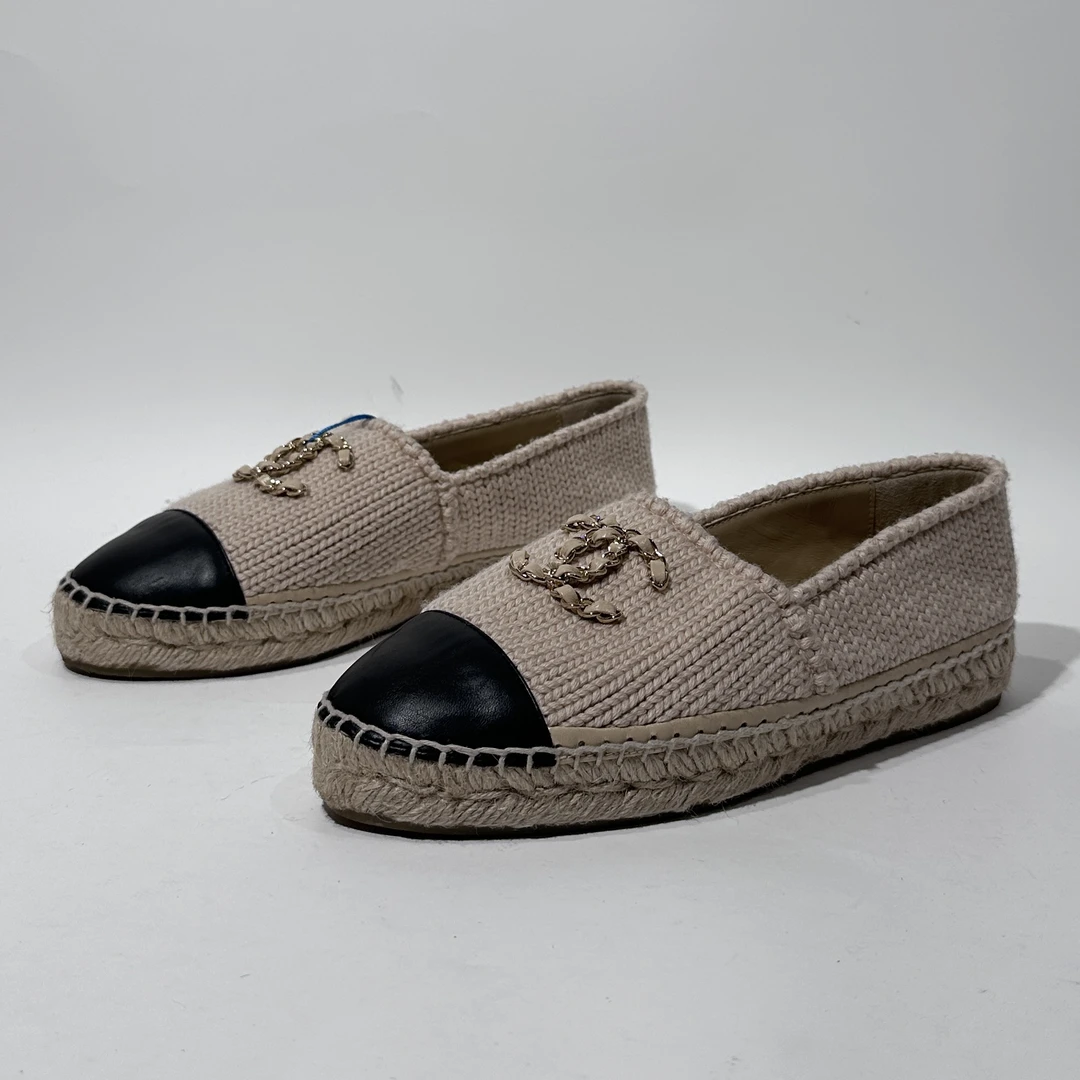 95新 Chanel/香奈儿 38码 米黑色时尚针织渔夫鞋/ML80287