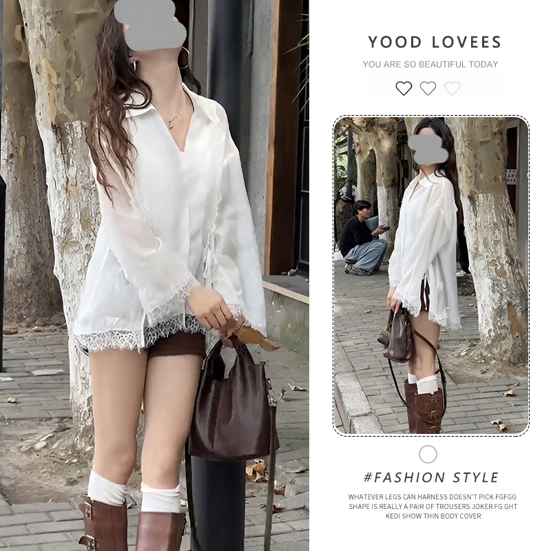 2025春秋季新款设计感翻领不规则开叉系带休闲拼接宽松长袖衬衫女