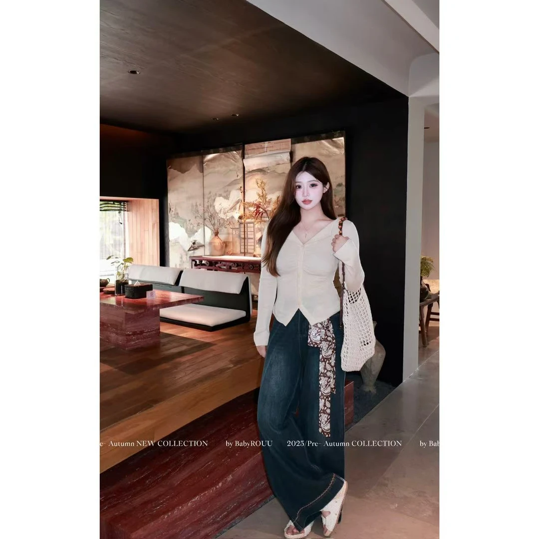 【现货】【港风牛仔】温与柔美式复古慵懒韩感百搭长袖上衣牛仔裤套装