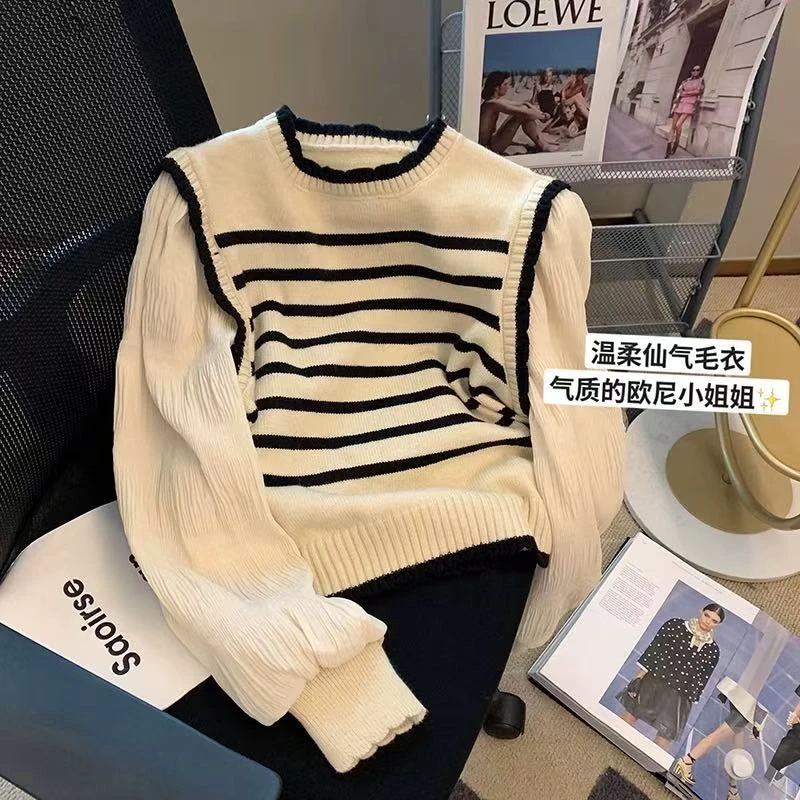 2025春秋款女童拼接条纹假两件打底衫毛衣GZ9027