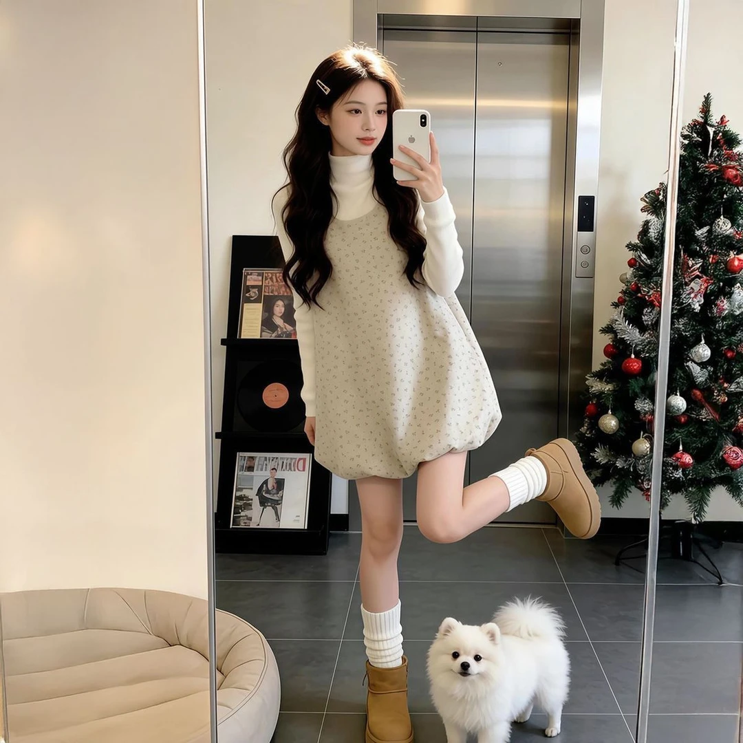 法式温柔小香风U领无袖碎花花苞背心连衣裙配长袖针织衫两件套装