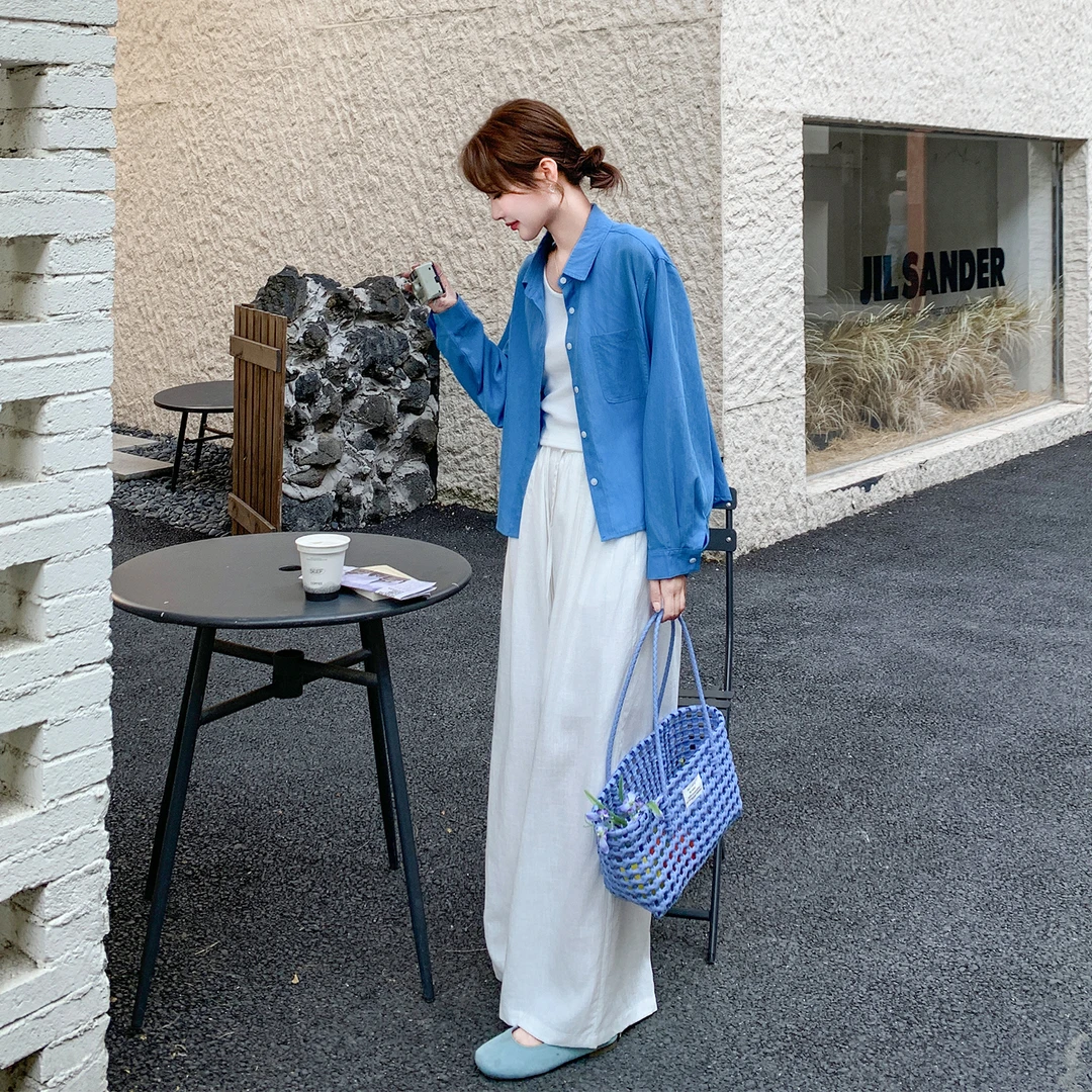 蓝色韩系防晒衬衫套装裤女2025夏季新款休闲背心阔腿裤气质三件套