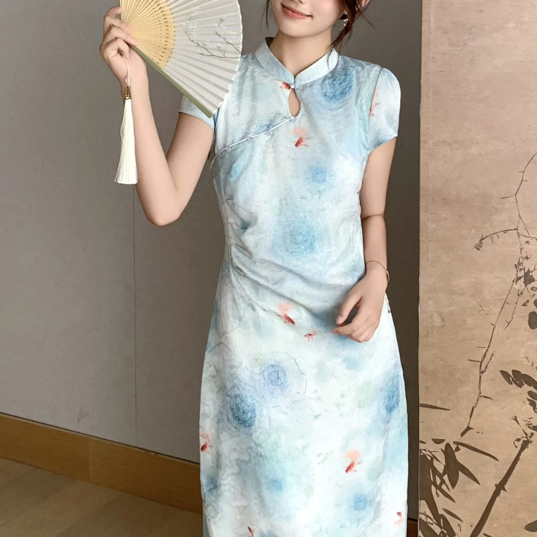 无印心匠B59992-2新中式改良夏季长款国风印花气质修身连衣裙K014