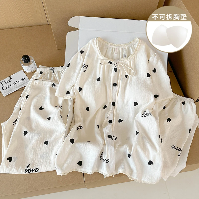 夏季甜美ins风带胸垫睡衣三件套女亲肤柔软家居服