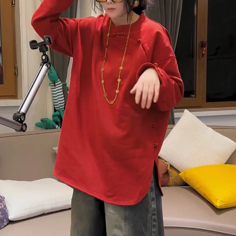 新中式国风盘扣长袖T恤衫女2025秋冬新款洋气百搭显瘦上衣中长款